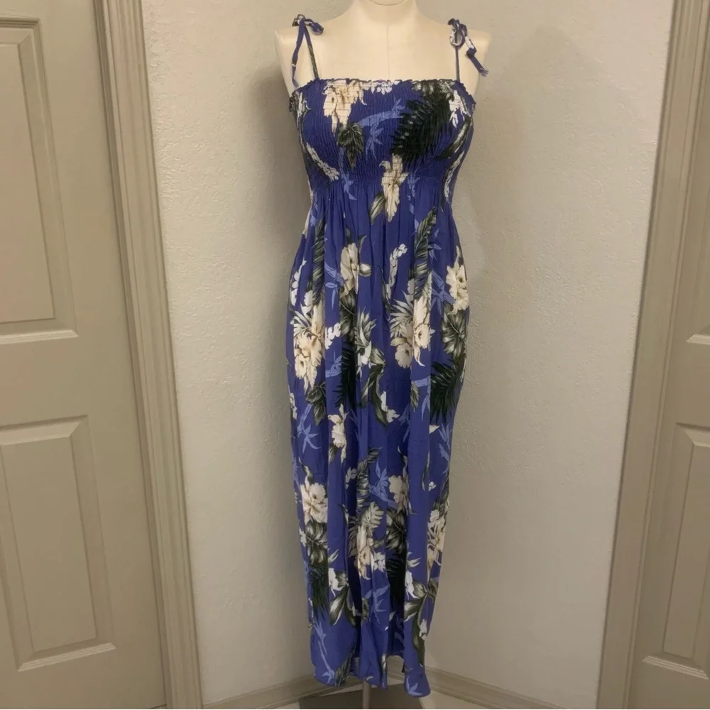 Winnie Fashion Hawaii Orchid Floral Print Blue Aloha Maxi Dress One Size